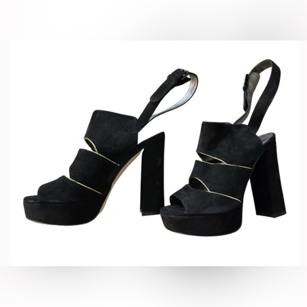 Stuart Weitzman Black Suede Block Chunky Heels with Gold Trim